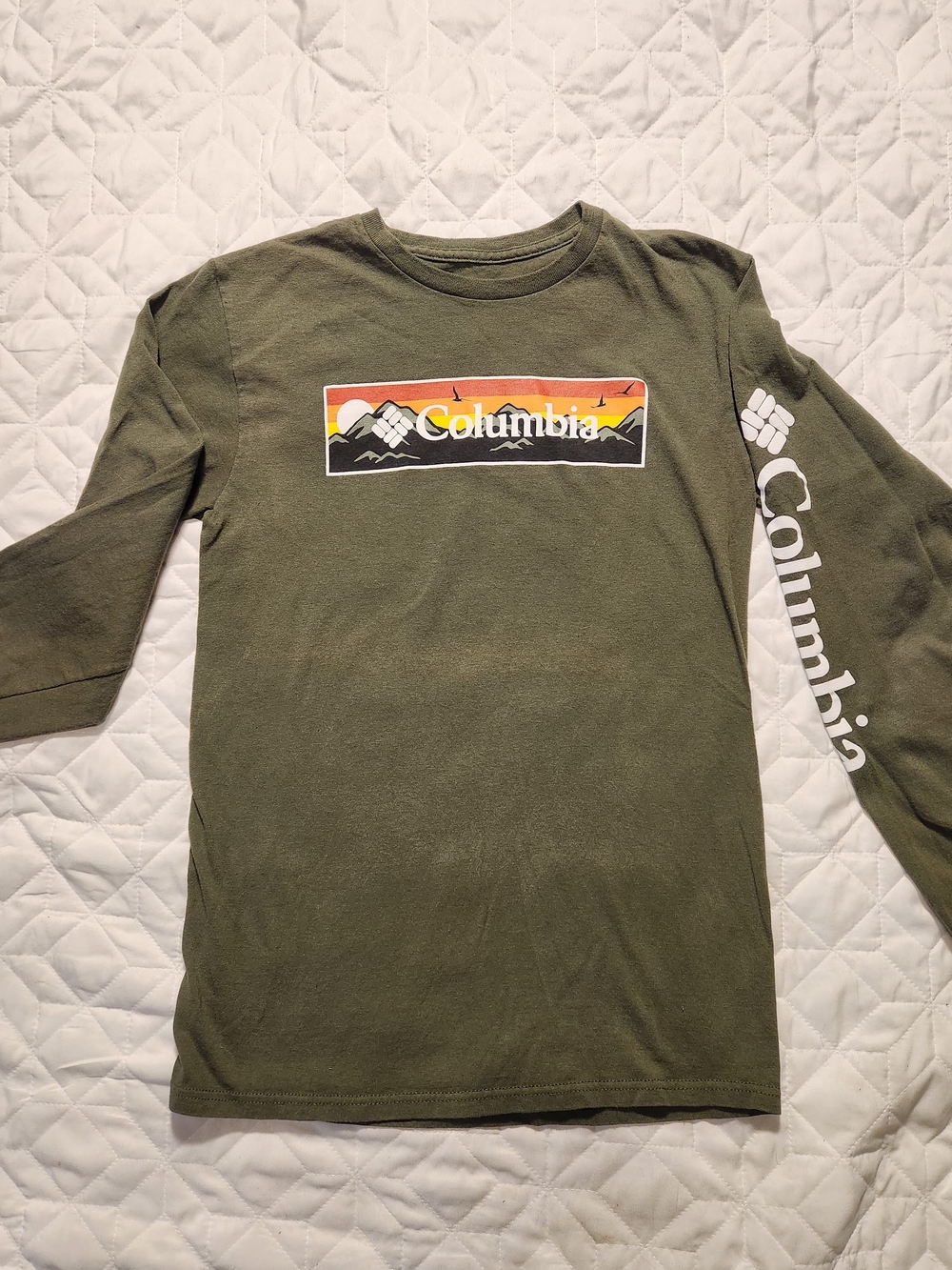 Columbia Olive Green Long-Sleeve Graphic Tee with Sunset Logo